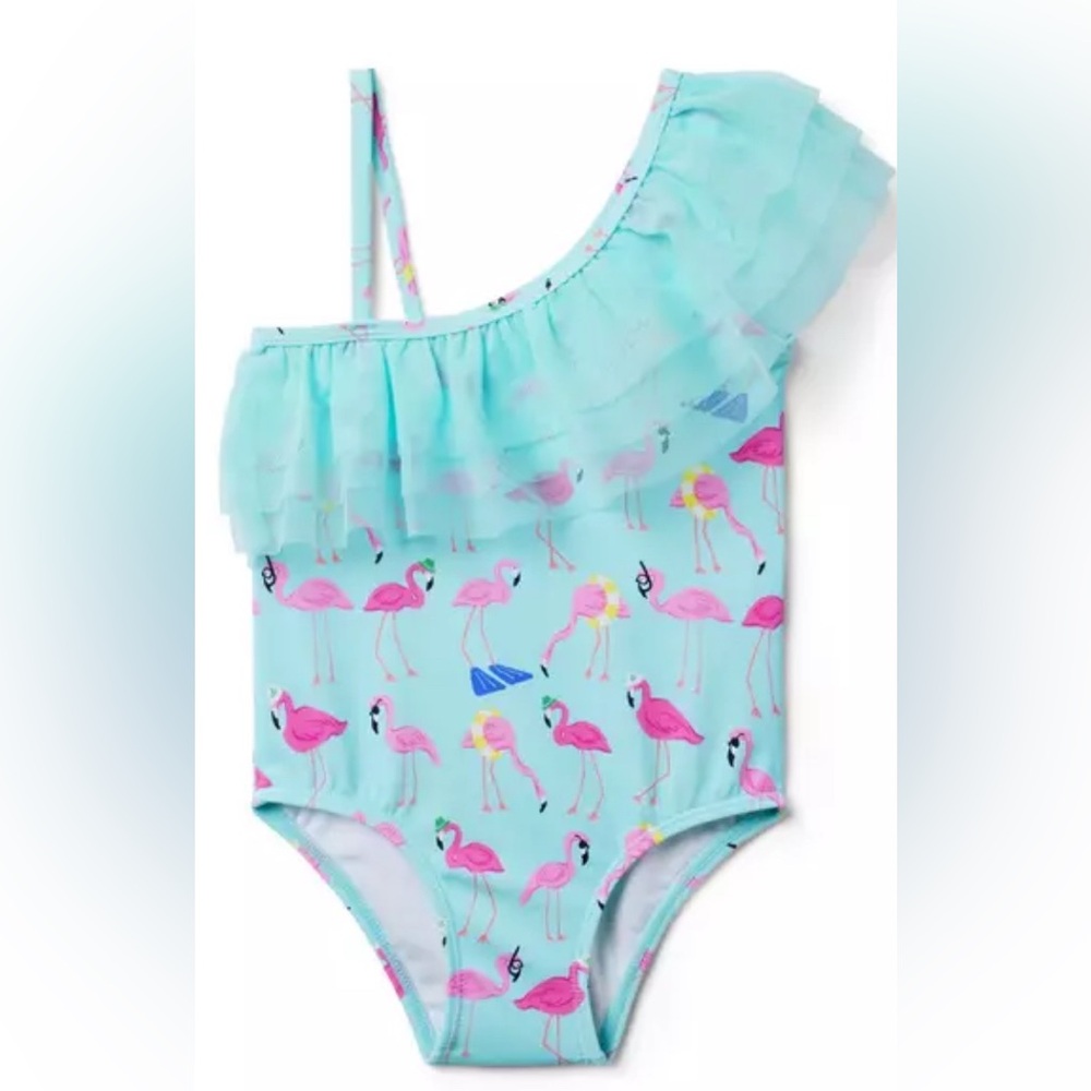 Janie and Jack Aqua Flamingo One-Shoulder Ruffle One-Piece Swimsuit
